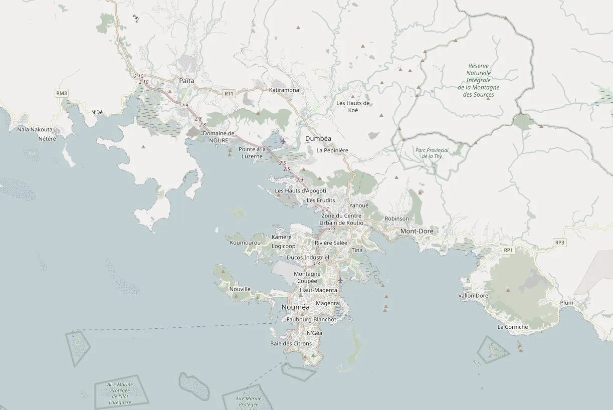 Carte du Grand Nouméa avec les communes de Nouméa, Dumbéa, Païta et Mont-Dore