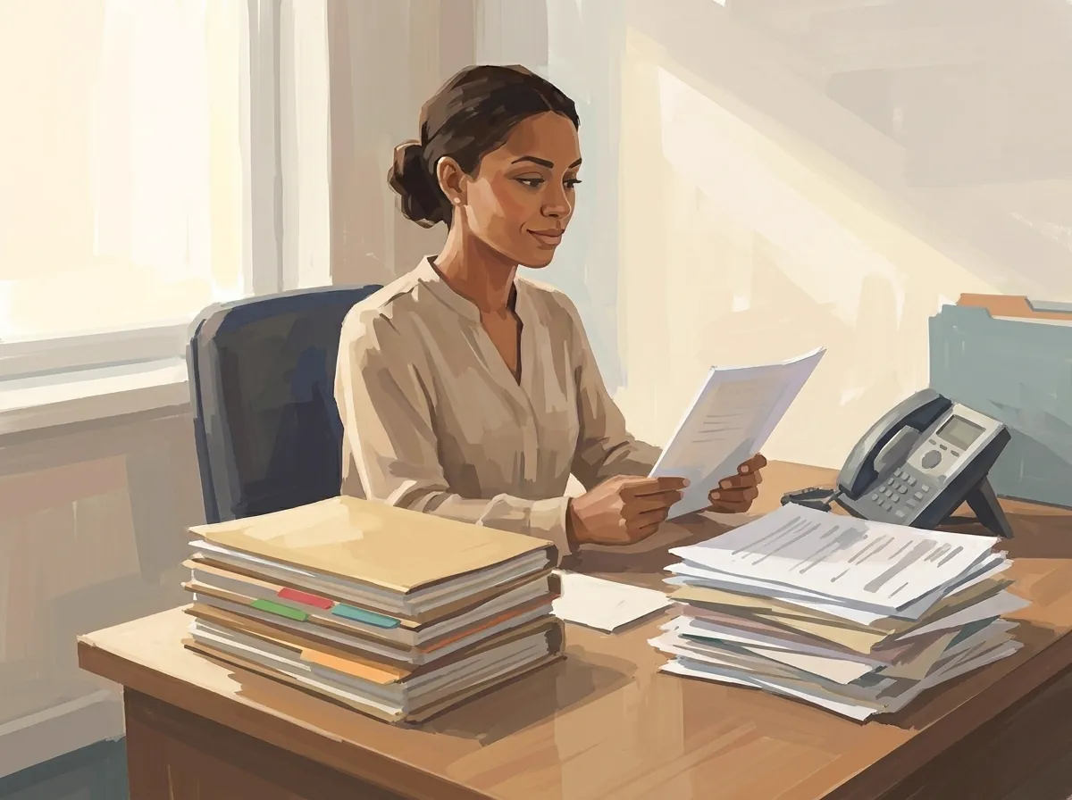 Employée en chemisier clair lisant un document à son bureau, entre une pile de dossiers classés et un téléphone fixe