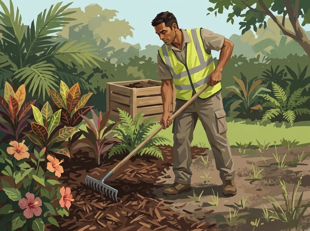 Jardinier en gilet fluo ratissant le paillage d'un massif tropical fleuri d'hibiscus, composteur en bois derrière