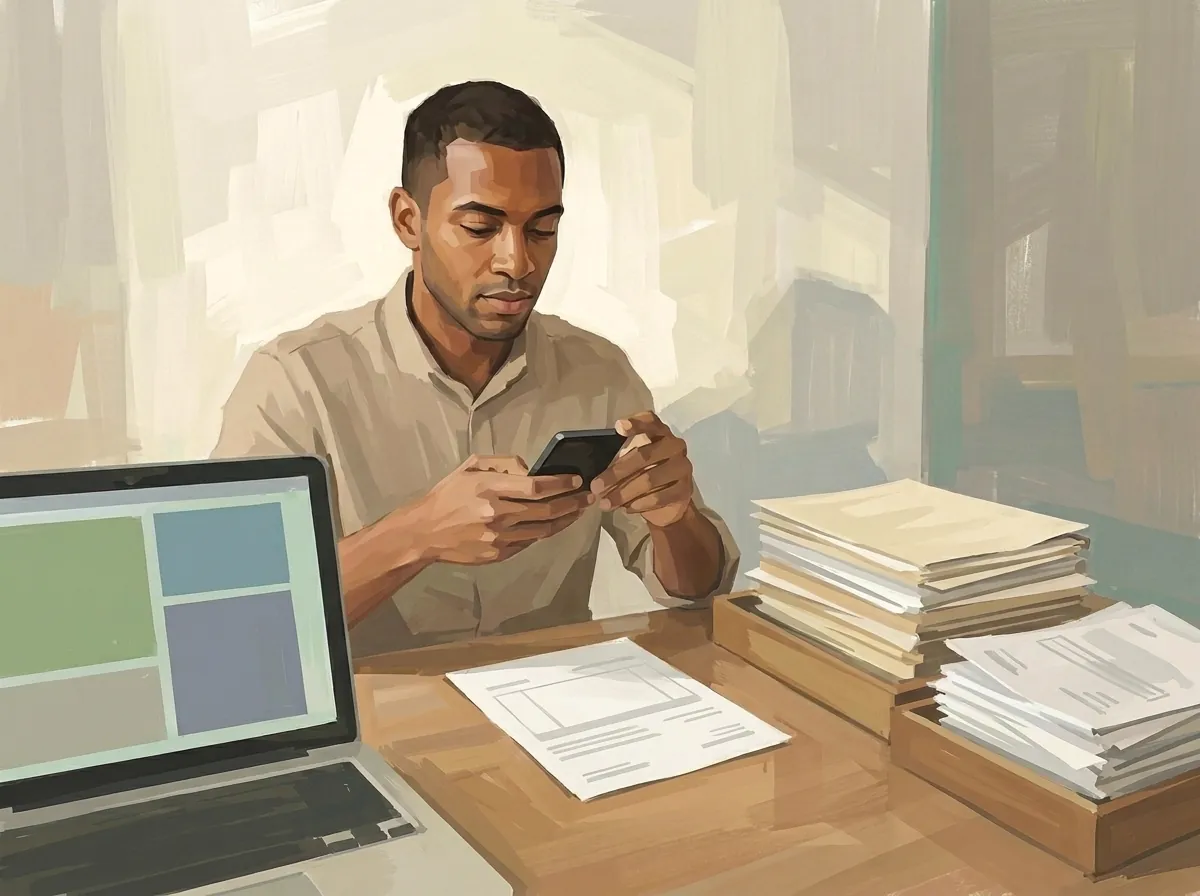 Assis à son bureau, un homme consulte son téléphone entre un ordinateur portable ouvert et deux piles de papiers.