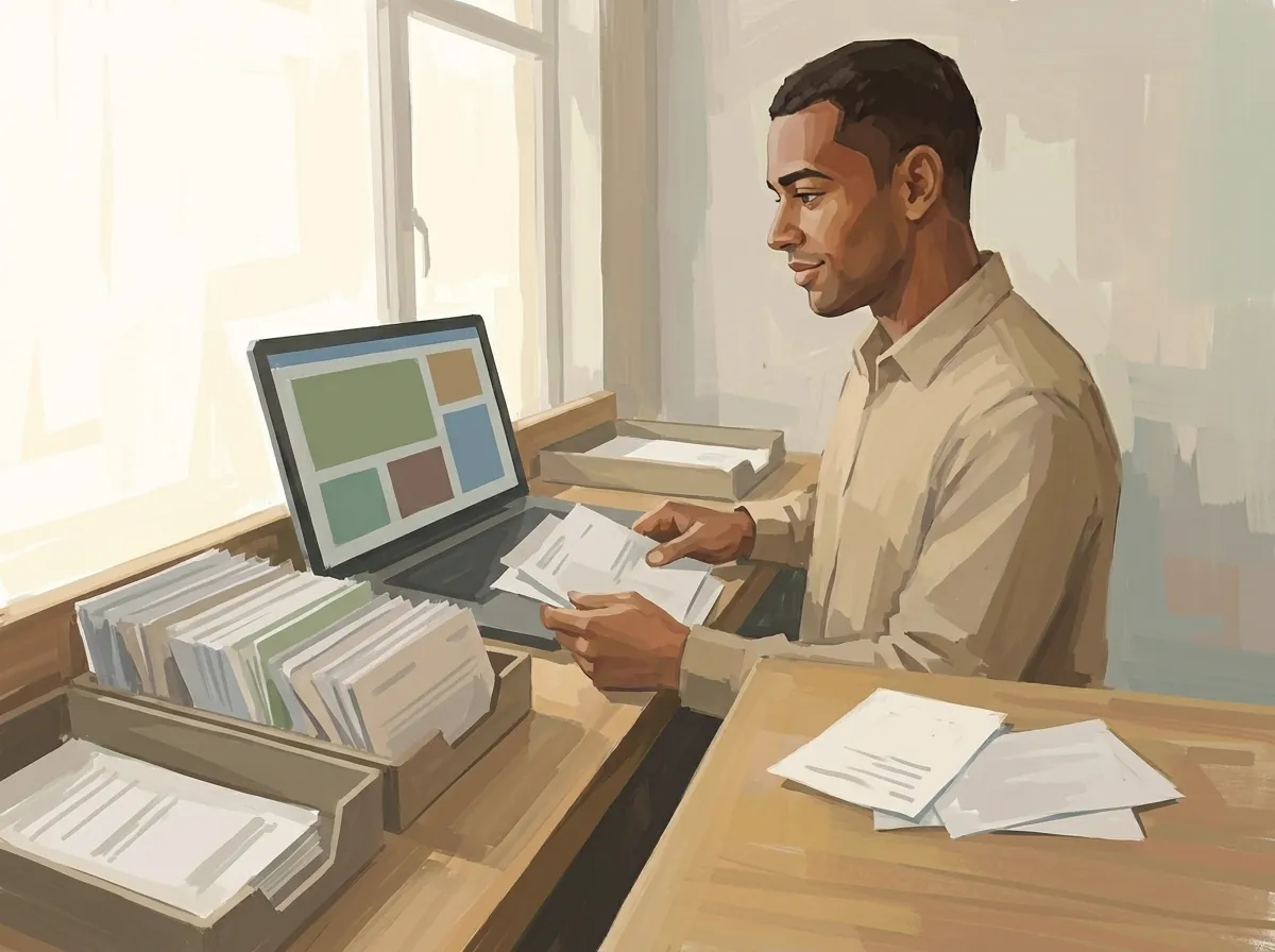 Un homme en chemise beige trie des papiers à son bureau, entre un ordinateur portable et des bacs de documents classés