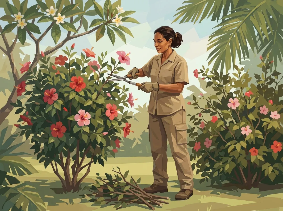 Une jardinière en tenue beige et gants taille à la cisaille un hibiscus rose et rouge, branches coupées au sol.