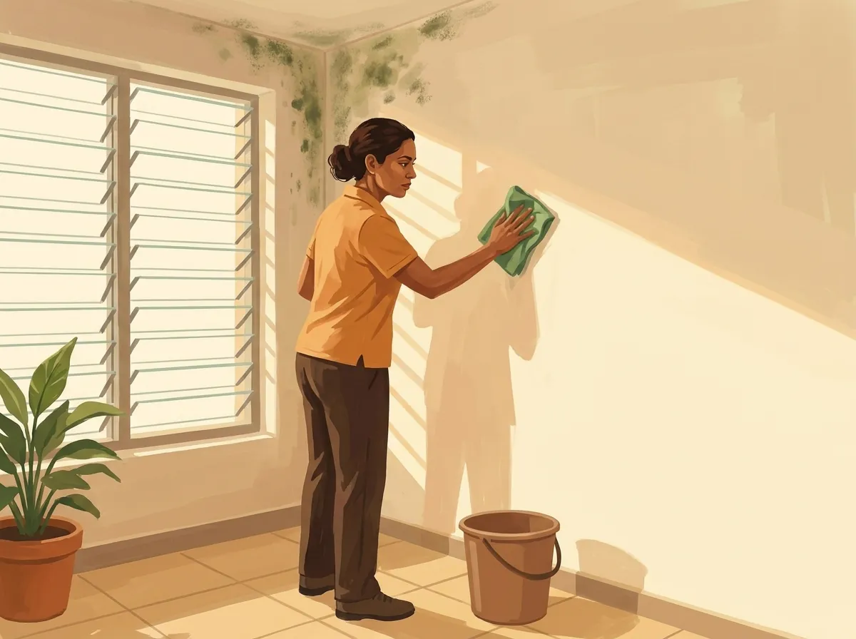 Une femme en polo orange essuie avec une microfibre verte un mur taché de moisissure, près d'une fenêtre à jalousies.