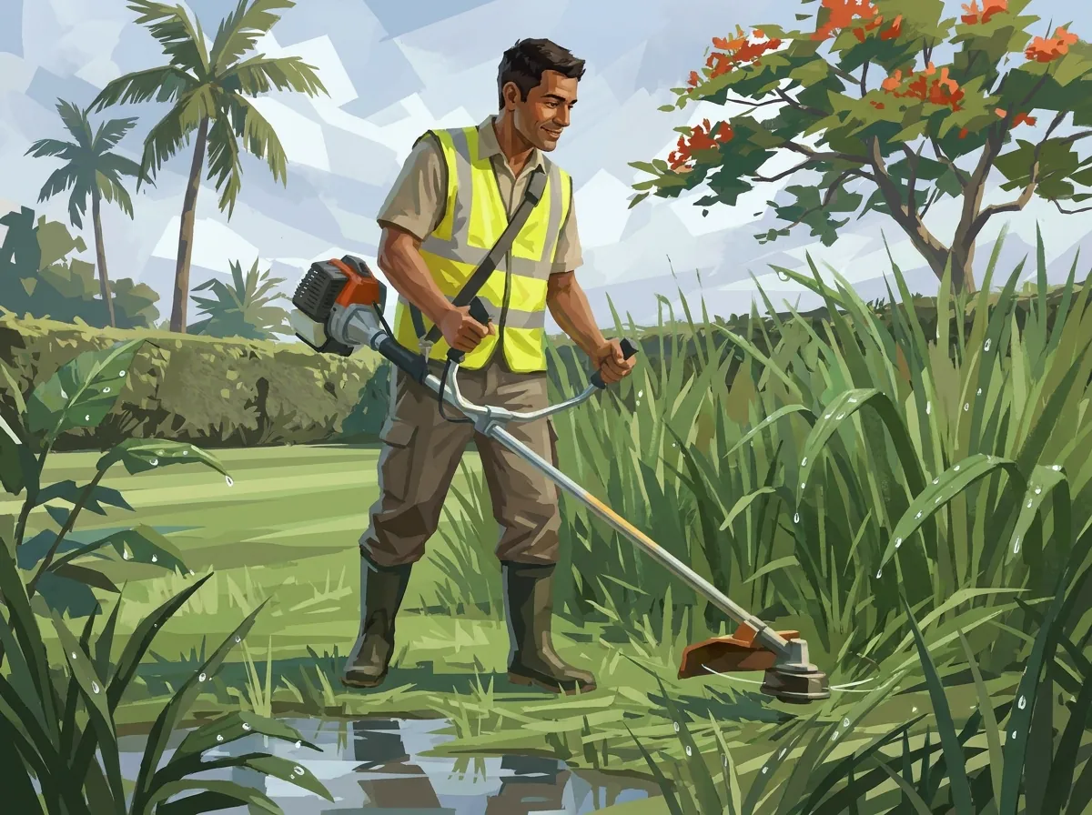 Jardinier en gilet jaune et bottes débroussaillant des herbes hautes gorgées d'eau, près d'un flamboyant en fleurs